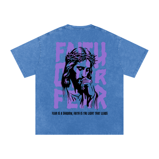 "Faith Over Fear" - Acid Washed T-Shirt Light Blue